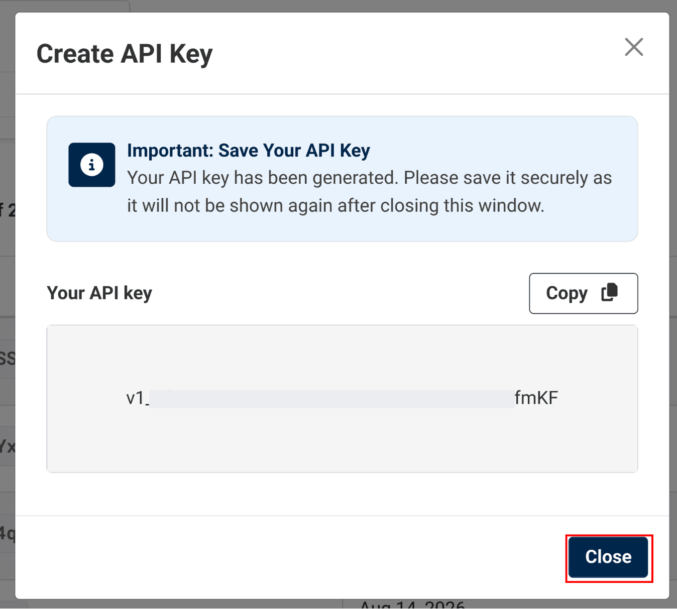 close button for the API key