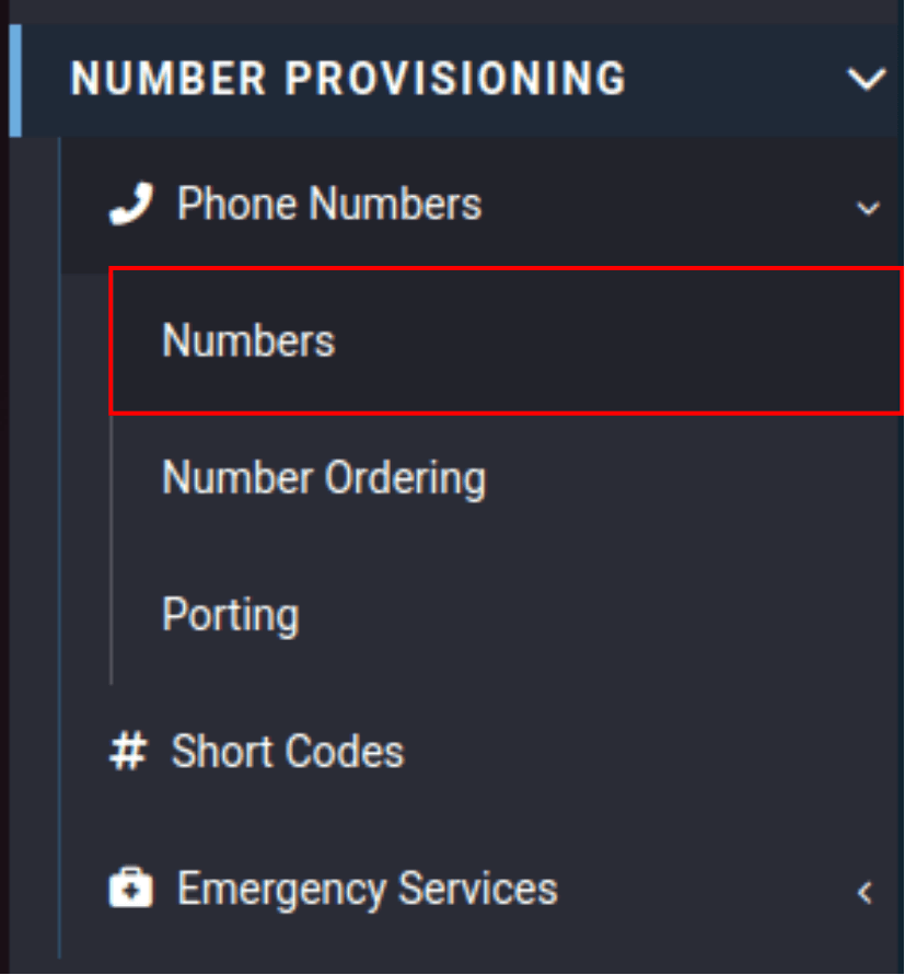 numbers located in the number provisioning category in the phone numbers drop-down