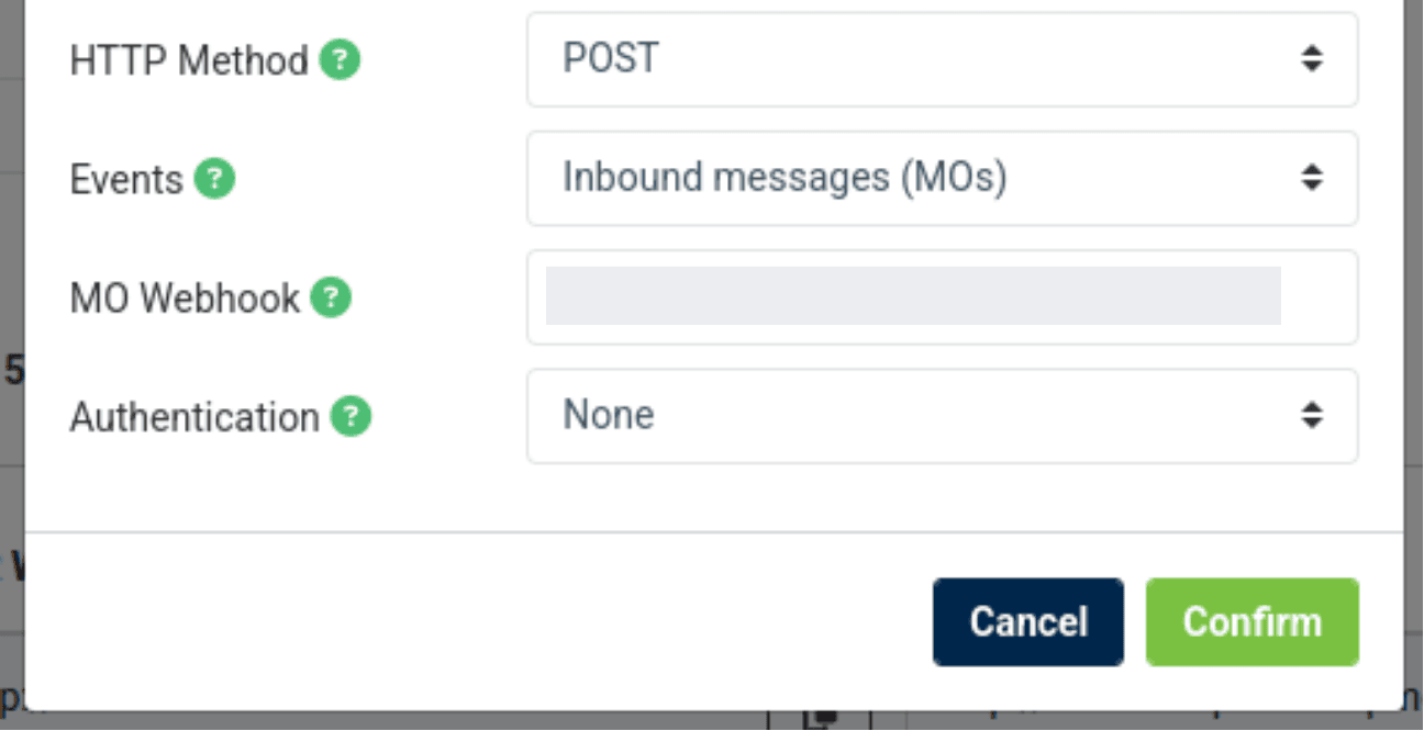 HTTP Method, Events, MO Webhook, and Authentication fields under add messaging application